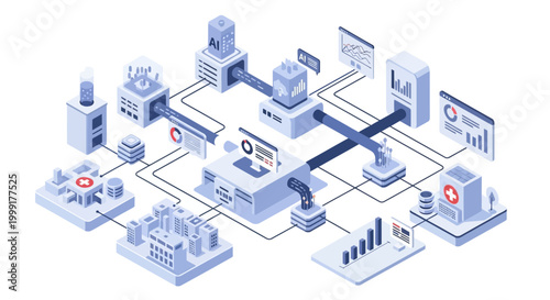 An intricate isometric illustration depicting a complex interconnected network of digital systems and data flow, symbolizing advanced technology and information processing.