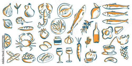 Hand drawn Mediterranean seafood and fresh food doodle icon collection. Italian food menu drawing collection.