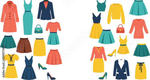 Women clothing outfits collection illustration, fashionable apparel set with dresses skirts jackets tops and accessories for modern style and wardrobe combinations isolated on white