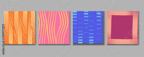 Four colorful square textures with unique patterns on a gray background for design and artistic purposes