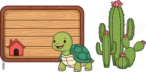 Cute turtle with wooden sign board small dog house and cactus plants cartoon vector illustration set isolated on white background
