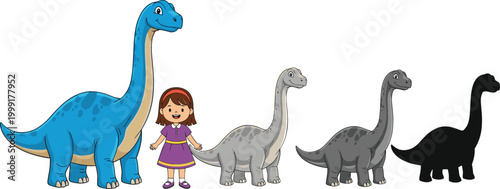 Cute dinosaur growth stages with little girl comparison from baby to adult brachiosaurus cartoon vector illustration set isolated on white background