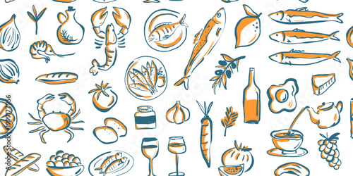 Seafood seamless pattern, vector illustration italian mediteranian menu. Vintage nostalgia hand drawn for textile print and fabric wrapping.