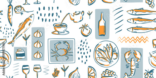 Mediterranean seafood pattern. Doodle retro dinner in chalk crayon hand-drawn. Italian cuisine background concept.