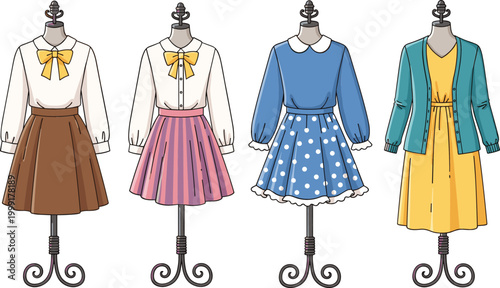 Vintage style women dresses collection on mannequins featuring casual and retro outfits colorful fashion vector illustration isolated on white background