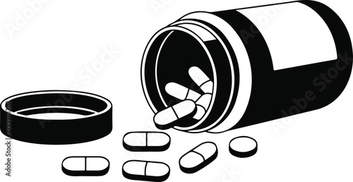 Minimal pharmaceutical pill bottle illustration set with open cap and spilled tablets in bold monochrome medical outline design