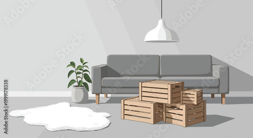 Minimalist Living Room Interior Template with Grey Sofa and Rustic Wooden Crates