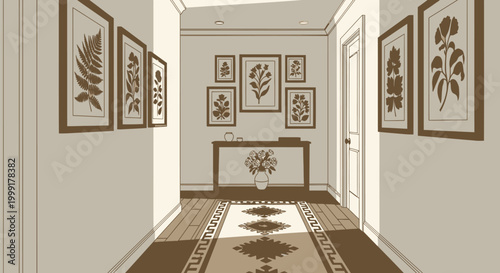 Modern Hallway Interior Background with Gallery Wall Art and Decorative Runner Rug