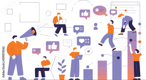 Flat digital marketing illustration set with cartoon people using social media symbols, engagement icons and online communication concepts