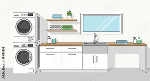 Modern Laundry Room Interior with Washing Machine Dryer and Sink Utility Background