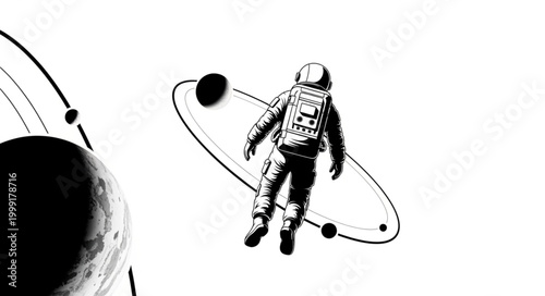 Astronaut floating in space with planets and rings.