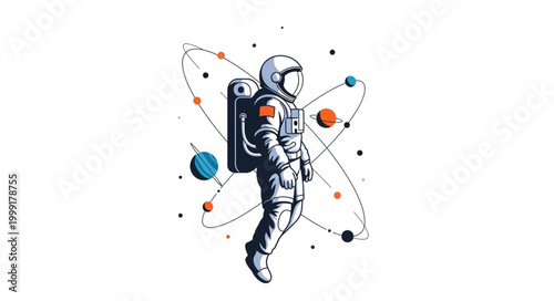 Astronaut floating in space with planets orbiting.