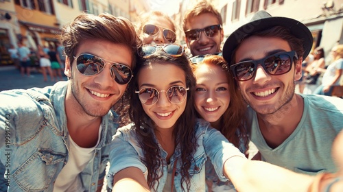 Happy young friends taking selfie together outdoors in sunny city street, close up portrait of smiling group of tourists enjoying vacation and friendship.