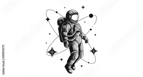 Astronaut Floating in Space with Stars and Planets.