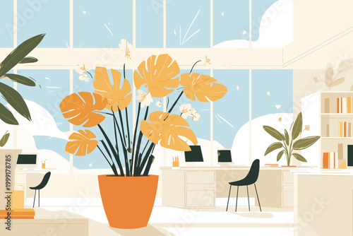 Giant Bioluminescent Monstera Plant Takes Over a Minimalist Office