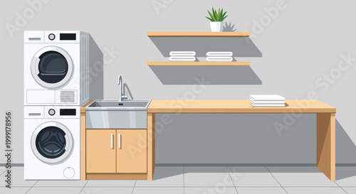 Laundry Room Interior with Washing Machine and Dryer Background Template
