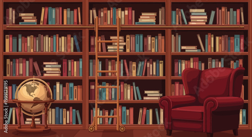 A tranquil and inviting home library scene, perfect for quiet study and immersive literary escape