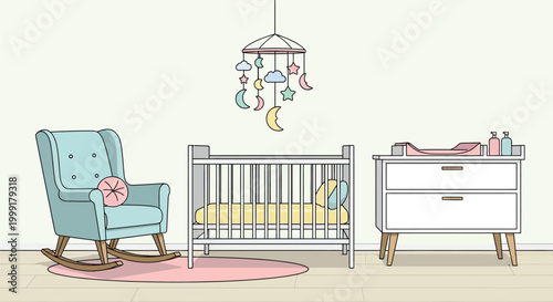 Cozy nursery room with a crib, rocking chair, and changing table, decorated with soft pastel colors