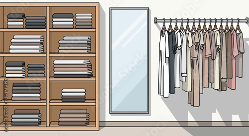 Modern minimalist dressing room interior with neatly organized folded and hanging clothes, full-length mirror