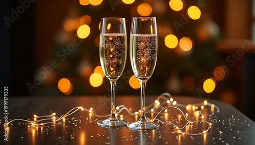 Two Champagne Glasses with Bokeh Lights Celebrating a Special Occasion.