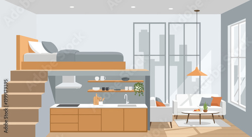 Cozy Modern Studio Apartment with Loft Bed, Kitchenette, and Living Area, City View