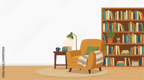 An inviting living room scene with an armchair, bookshelves, and a cozy atmosphere. A space dedicated to comfort and the pleasure of reading.