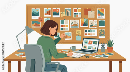 A focused person creatively designs a project, brainstorming concepts with sketches and photographs on a mood board at the desk.