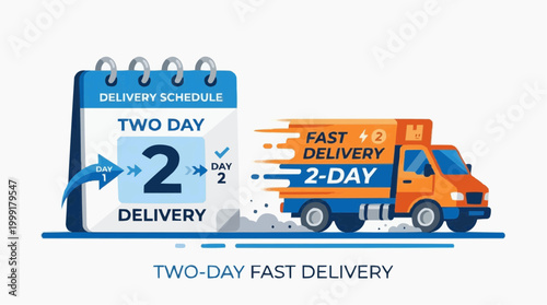 Depicting an image representing the efficiency of express delivery service. A calendar showcases a swift, two-day delivery schedule, and a truck signifies the promptness of the shipping.
