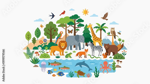 An eye-level illustration showcases diverse animal species in a vibrant landscape with a harmonious ecosystem. A harmonious illustration showcasing diverse animal species thriving within a lush.