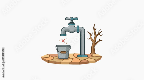 A graphic depicting water scarcity, symbolizing environmental concerns. A parched landscape, a dry tree and a faucet, all contribute to convey the urgent need for water conservation.
