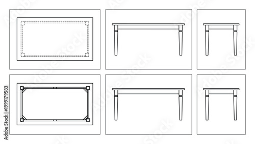 High contrast 2D architectural drawings of two rectangular tables in top, side, and end views.