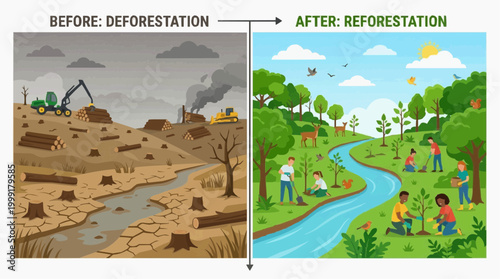 An illustration contrasts the devastation of deforestation with the hope of reforestation. The scene showcases the stark difference between a barren landscape and a thriving, verdant ecosystem.