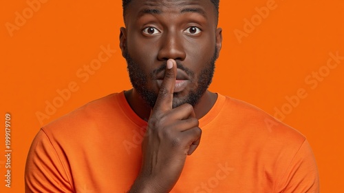 Surprised man making shh gesture with finger on lips, studio portrait on orange background with copy space for silence, secret or confidentiality concepts.
