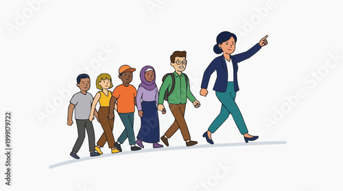 A leader guides a diverse group of people forward, illustrating concepts of mentorship, guidance, and community with an inclusive message. 