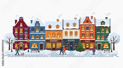 A charming winter street scene, a captivating illustration of colorful buildings, snow-covered roofs, and the cozy ambiance of a town during the holiday season. The shops are lit up.