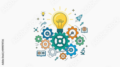 An artistic representation of an idea is embodied by a glowing lightbulb, which is surrounded by gears and interconnected objects, which represent the innovation, creativity.