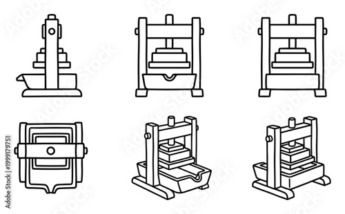 Line art illustrations of a manual press for fruit juice or oil extraction.