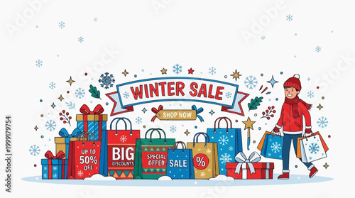 A delightful winter sale banner with a cheerful figure amidst a festive arrangement of gift boxes and shopping bags.
