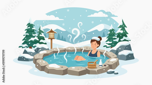 A serene scene unfolds as a woman relaxes in an open-air hot spring, steam rising gently amidst a snowy, wintery landscape.