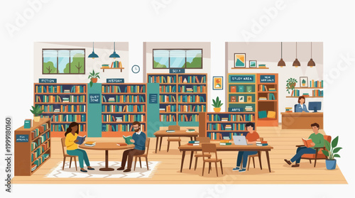 A captivating illustration showing an inviting library interior. Readers engaged in their books and computers. Shelves overflow with knowledge. Warm atmosphere of learning and exploration.