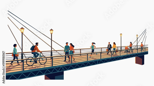 A vibrant illustration of people enjoying a sunny day on a scenic bridge, a perfect blend of urban life and leisurely activity.