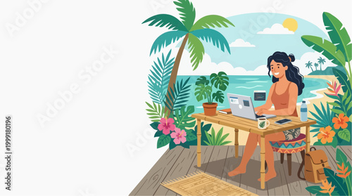 A person working remotely on laptop at beach, with a tranquil illustration of seaside life