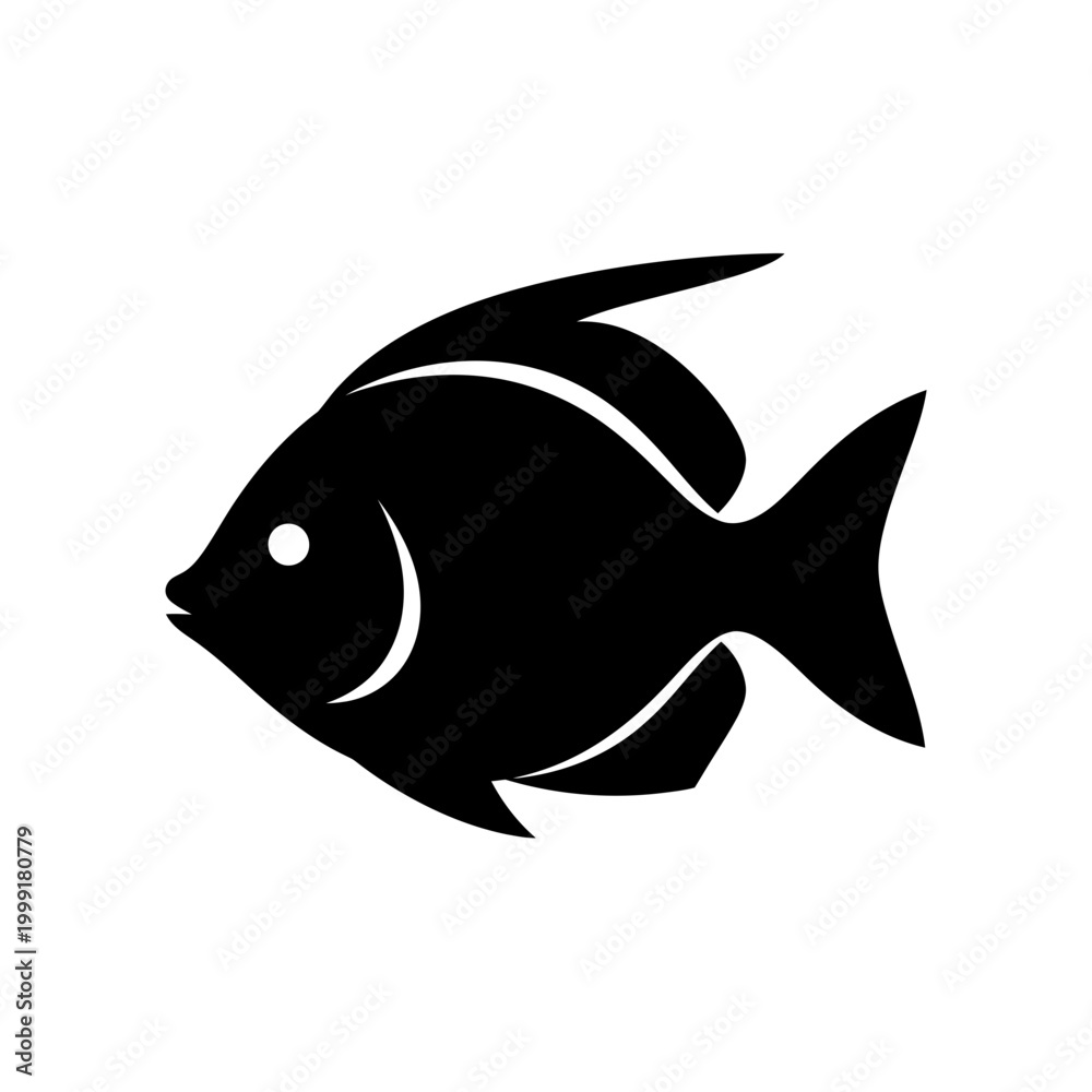 Fototapeta premium Minimalist black fish silhouette vector illustration, tropical sea fish icon isolated on white background