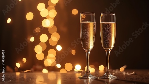 Two Champagne Flutes Toasting with Bokeh Background.
