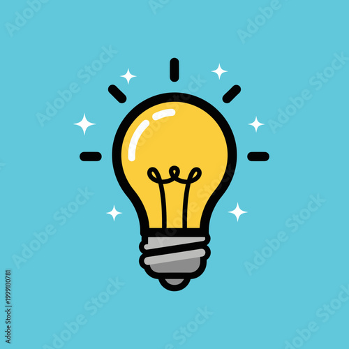Glowing Yellow Light Bulb Icon on Blue Background - Creative Idea, Inspiration, and Innovation Concept Vector Illustration