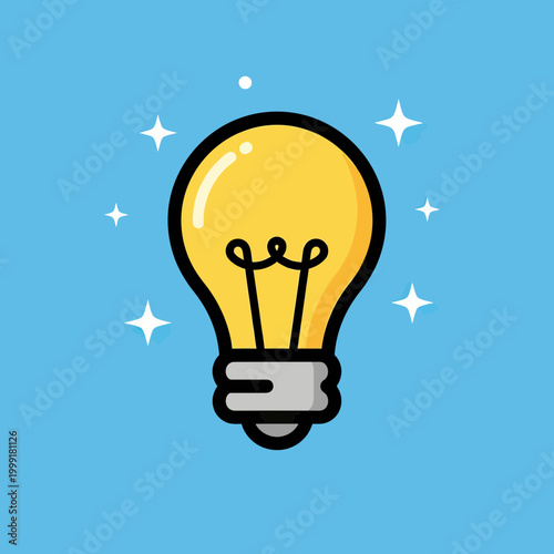 Glowing yellow light bulb icon on a blue background representing a creative idea, innovation, and inspiration concept