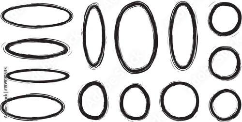 Hand-drawn sketchy oval and circular frames. Imperfect, organic outlines for design. Add an authentic artistic touch, unique textured borders, and emphasize elements creatively