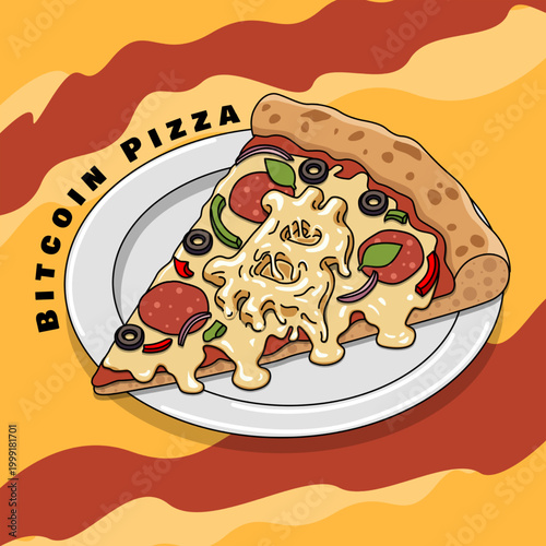 A bright pop art piece featuring a delicious pizza slice topped with melted cheese shaped to resemble the bitcoin symbol. Bitcoin Pizza Day, May 22th.