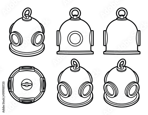 Vector black and white line art of vintage deep sea diving helmets in multiple views.