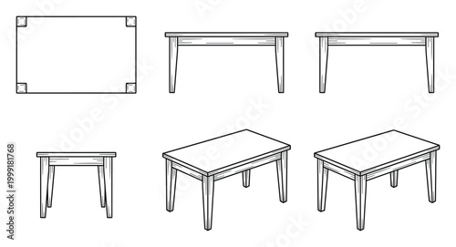 Vector black line art drawings showing various views of a rectangular wooden table.